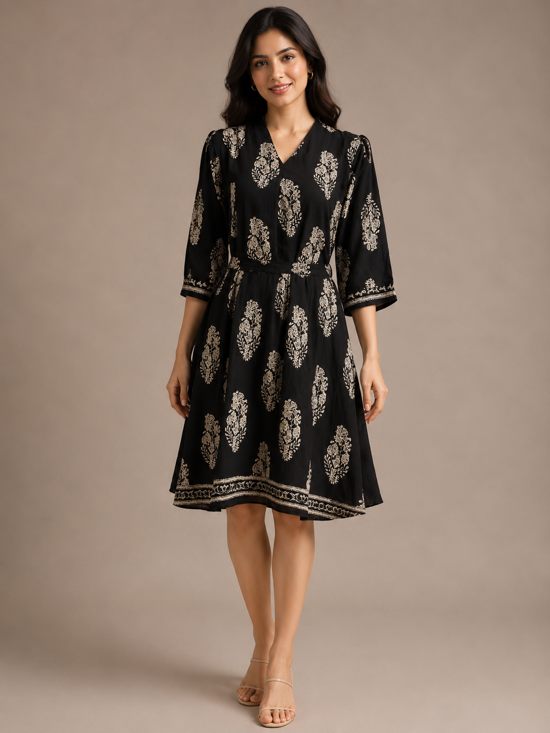 Imported Lycra Black Printed Fit & Flare Midi Dress for Women